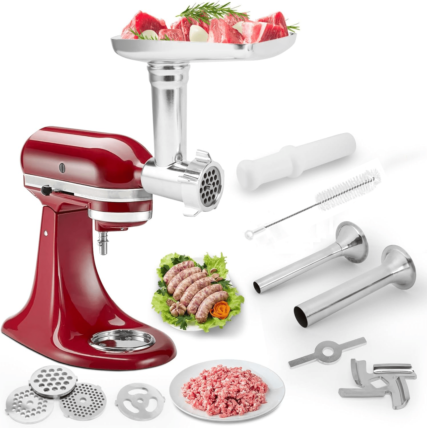 Food Grinder Attachment fits Kitchenaid 4 Blades 4 Plates Sausage Tubes - Samyonix